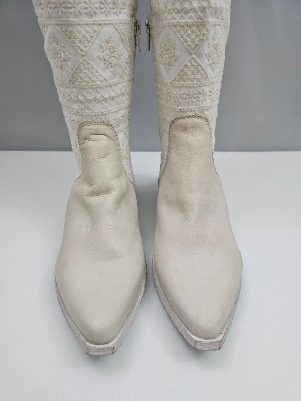 Free People Bren Knee High Boot Womens EU 38 Cream Embroidered Slouchy Boho